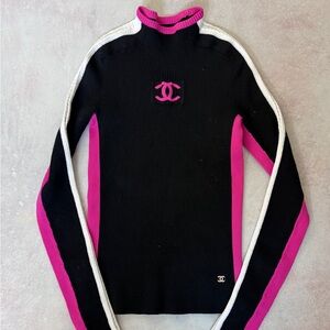 Chanel Coco Neige CC Logo Mockneck Sweater Black Pink Knit 38 (Medium)